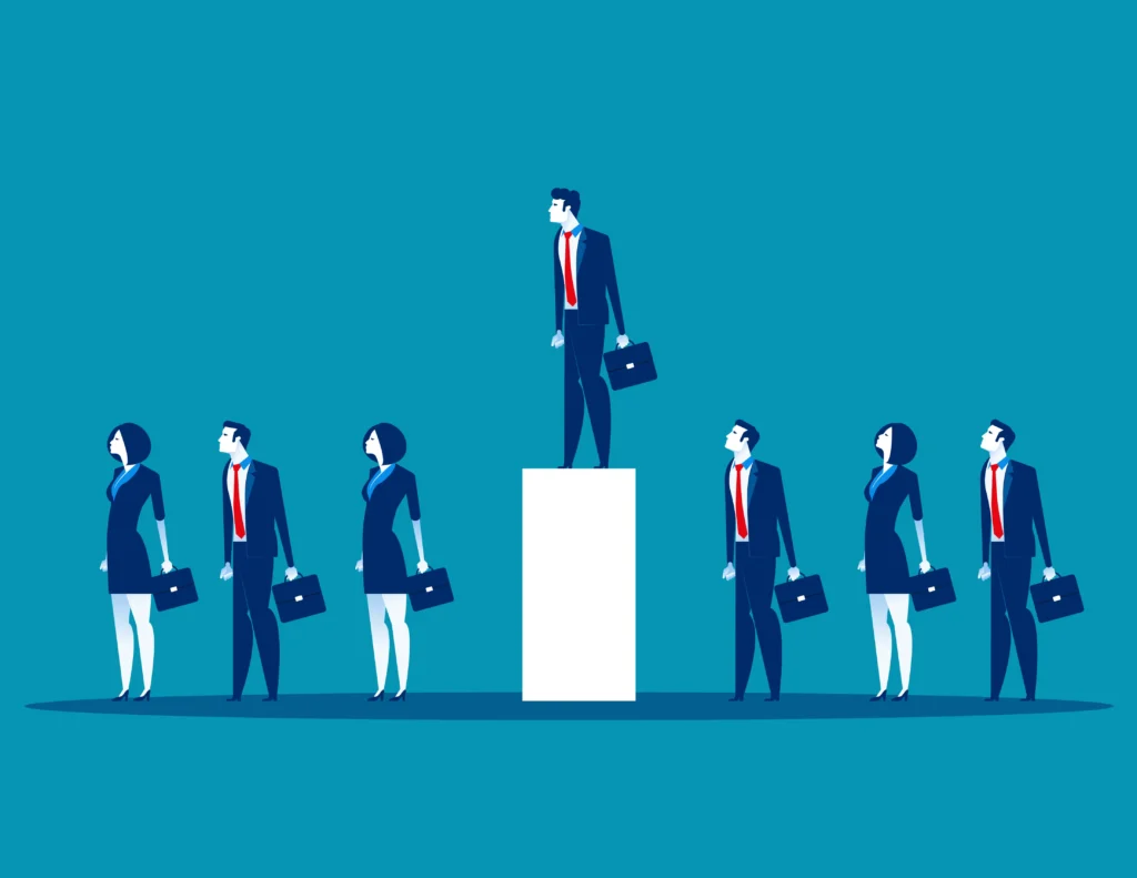 Business people stand in a line with one higher on a podium